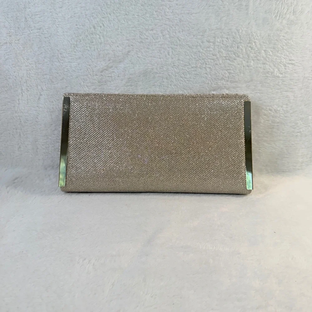 Evening Blingy Clutch Champagne Gold Pleated Glitter Mesh | Chain for Shoulder